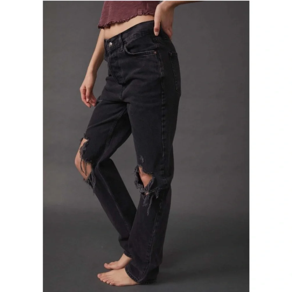 Free People Black High-Rise Distressed Jeans (Lasso)